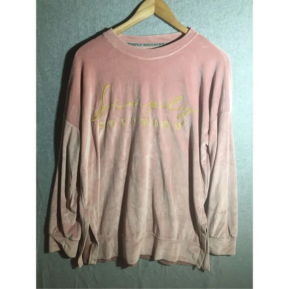 Womens Simply Southern Sweater Velvet Feel Pink Gold Lettering Soft Casual - Picture 1 of 5